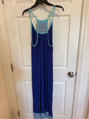 Women's Blue Maxi Sleep Dress with Aqua Trim